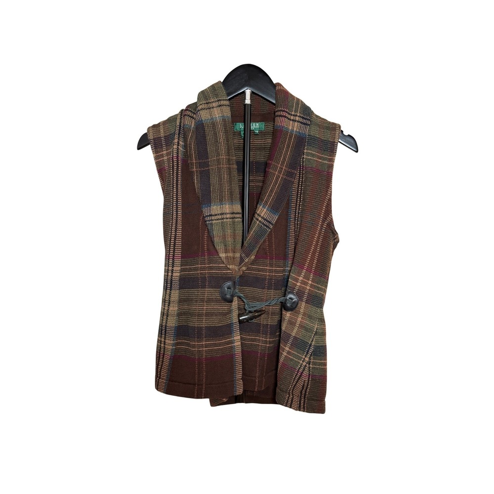 Lauren Ralph Lauren Petite M Plaid Toggle Sweater Vest Brown Cotton Shawl Y2K